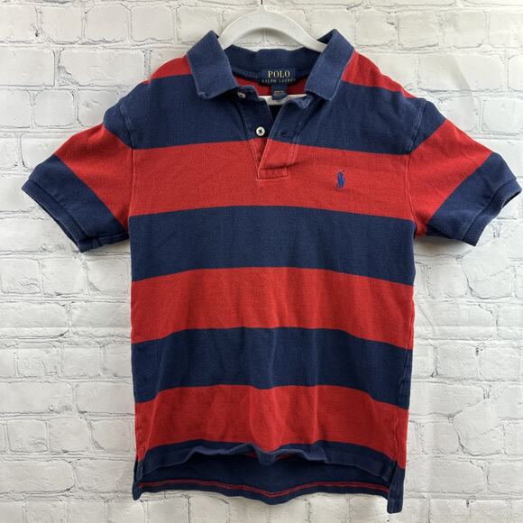 Polo Ralph Lauren Kids Striped Polo Shirt Red Navy Classic Preppy Style M 10-12 - Picture 1 of 9